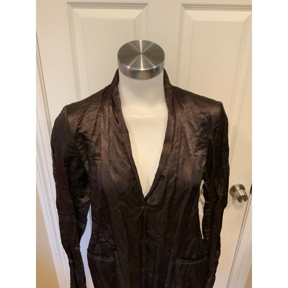 Eileen Fisher Long Brown Silky Snap Button-Up Jacket W/ Rear Vent, Size Medium - Picture 2 of 7